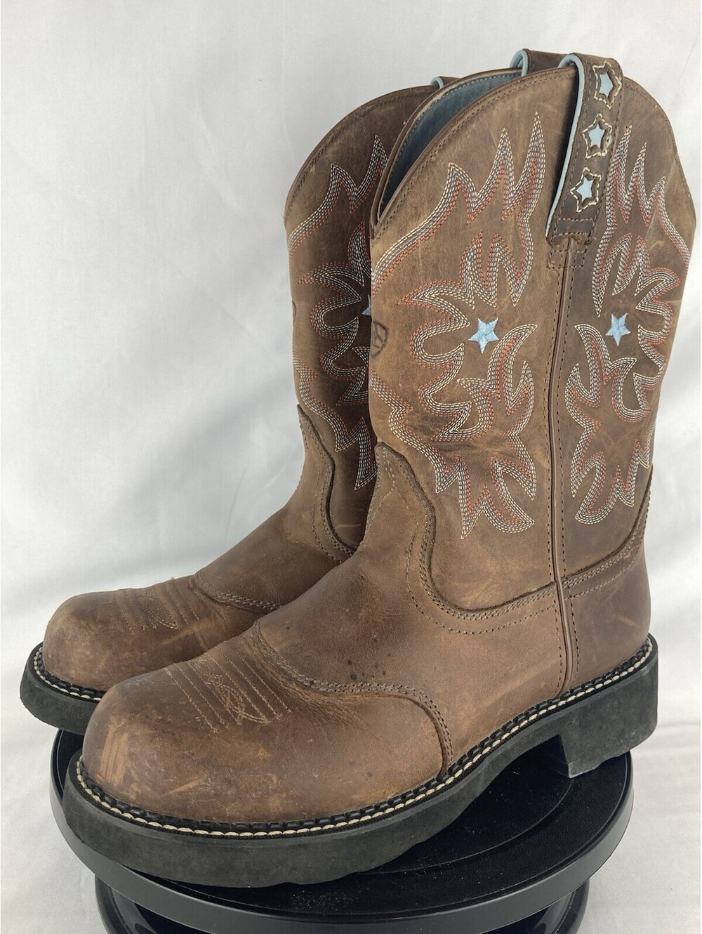 Women’s Size 10 Ariat Western Boots Fatbaby Brown Leather Blue Star Embroidered